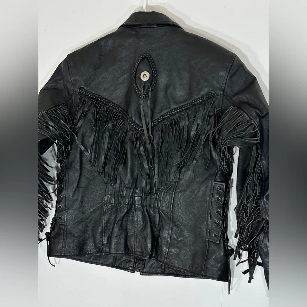 Fringed Black Leather Motorcycle Jacket Vintage Biker Women Medium 1990s Western - Picture 6 of 15